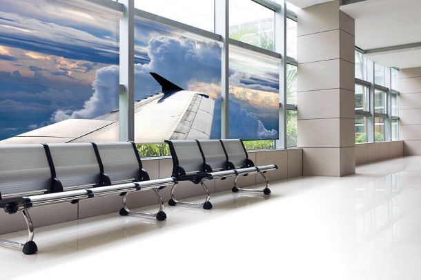 roller custom graphic shades in an airport